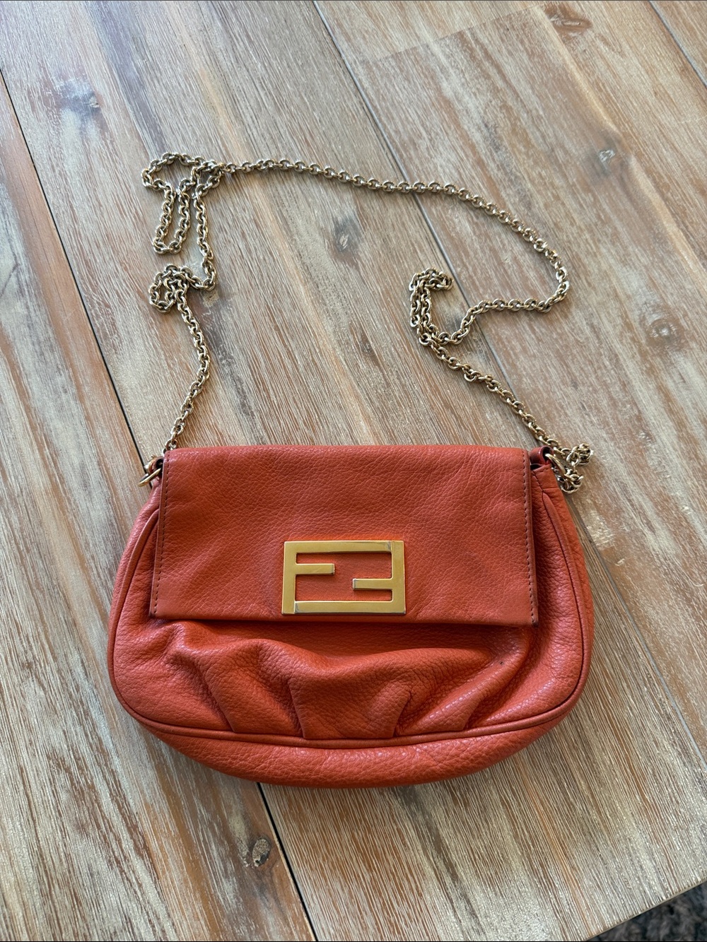 Fendi Terracotta Leather Chain Crossbody with Gold Logo